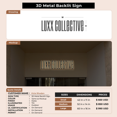 3D Metal Backlit Sign for Vicie Rhoden