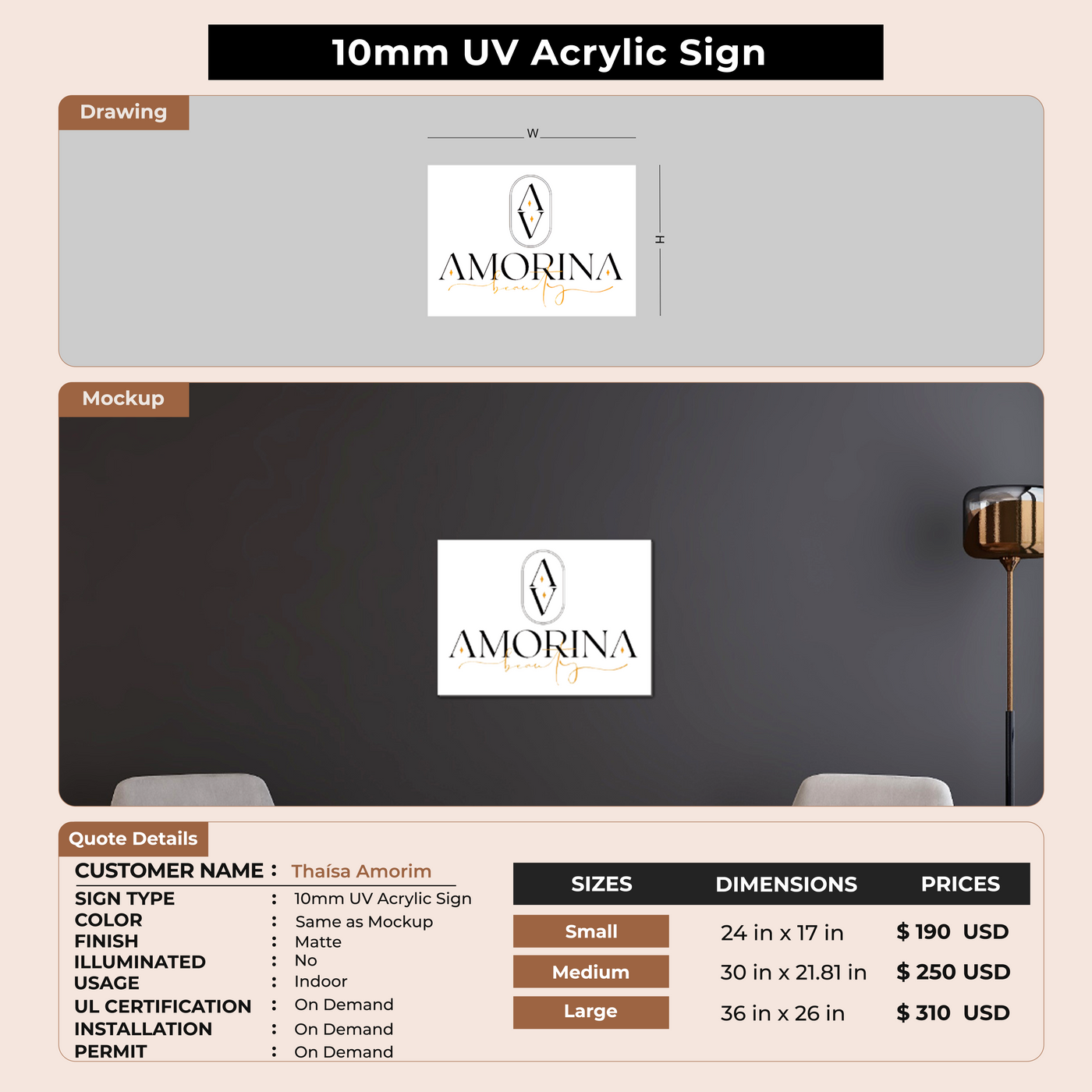 10mm UV Acrylic Sign for Thaísa Amorim