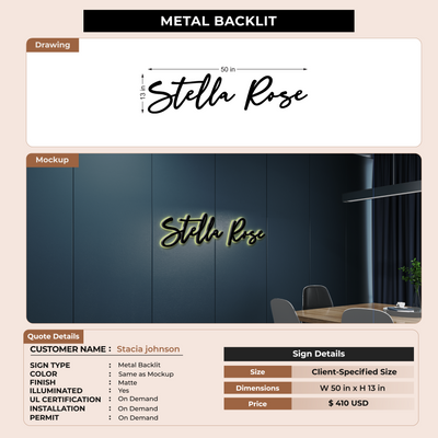 3D Metal Backlit Sign for Stacia johnson