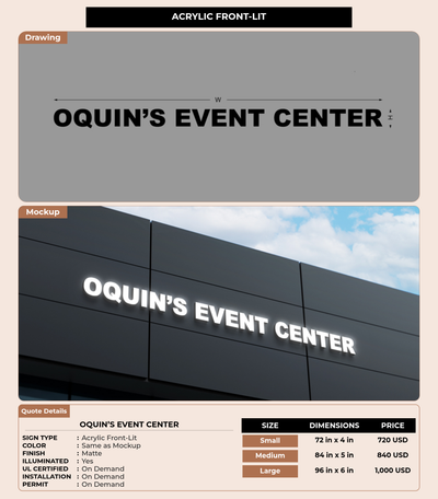CUSTOM MOCKUP SIGN FOR OQUIN’S EVENT CENTER