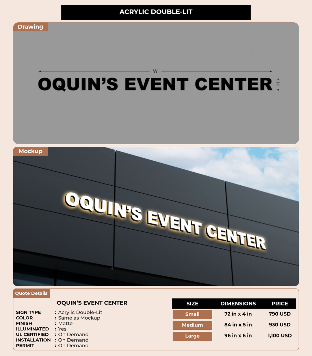 CUSTOM MOCKUP SIGN FOR OQUIN’S EVENT CENTER