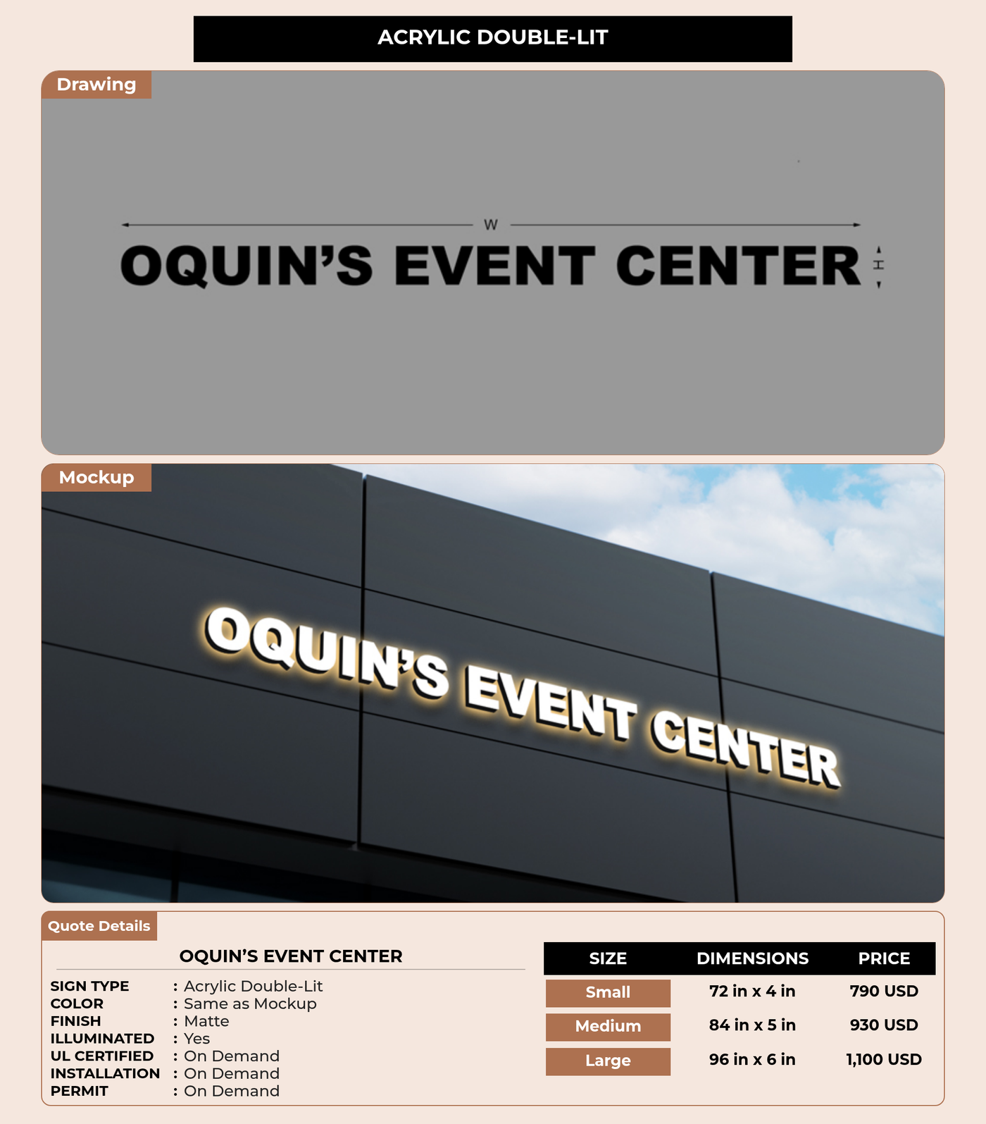 CUSTOM MOCKUP SIGN FOR OQUIN’S EVENT CENTER