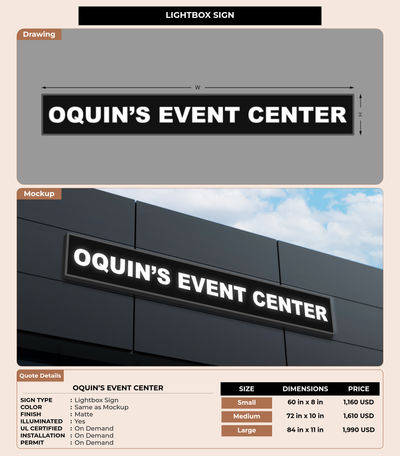 CUSTOM MOCKUP SIGN FOR OQUIN’S EVENT CENTER
