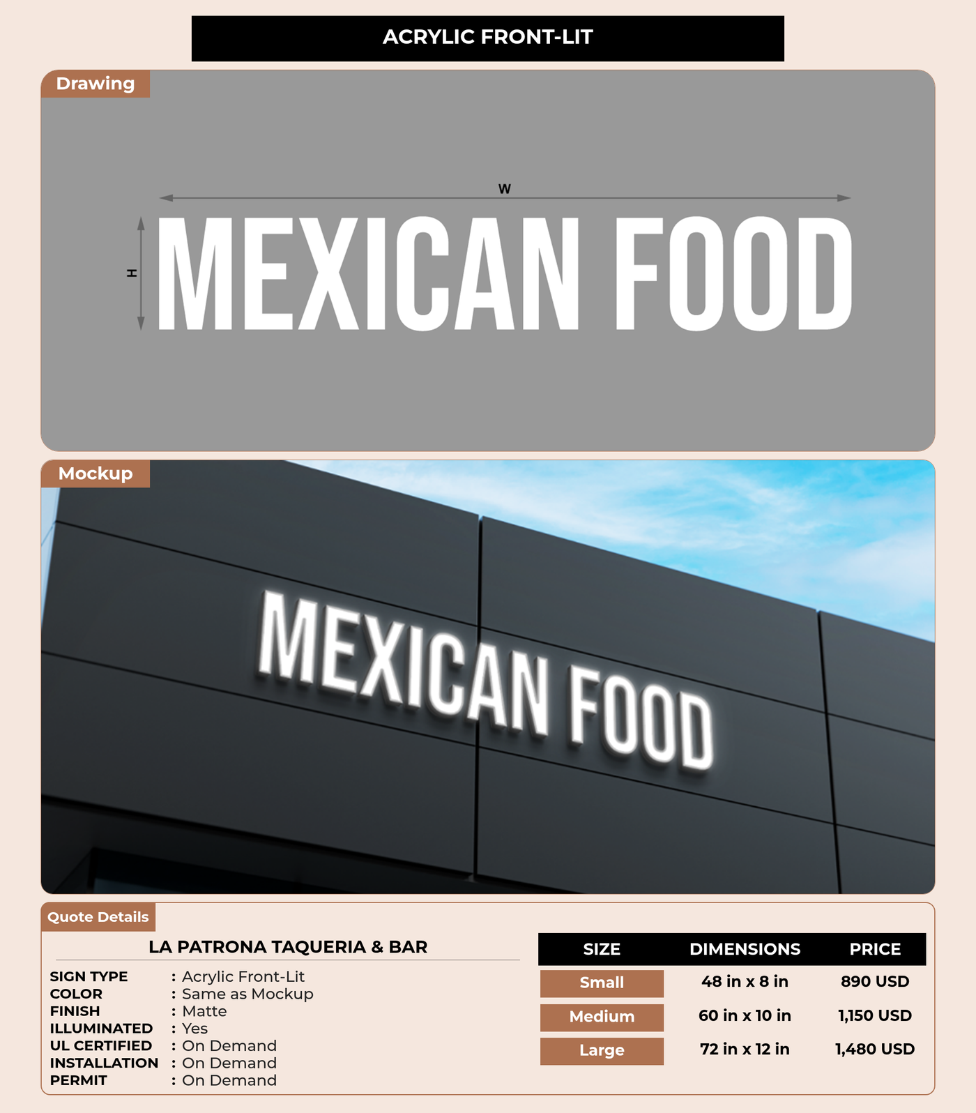 CUSTOM MOCKUP SIGN FOR La Patrona Taqueria & Bar
