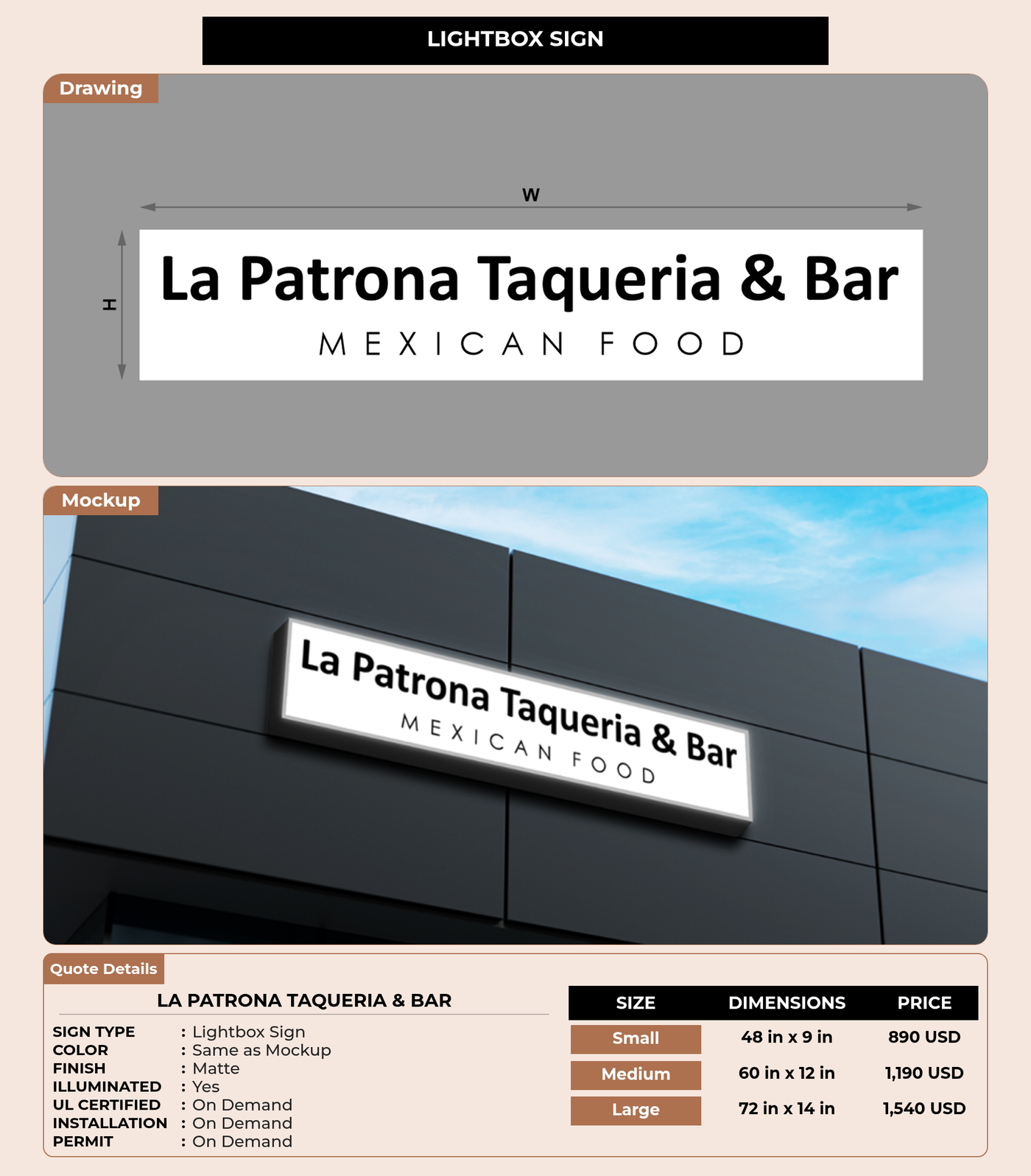 CUSTOM MOCKUP SIGN FOR La Patrona Taqueria & Bar