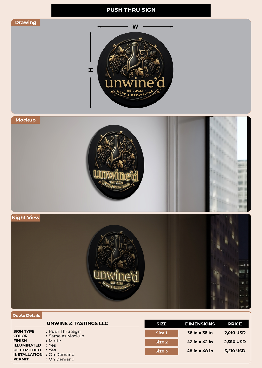 CUSTOM MOCKUP SIGN FOR Unwine & Tastings LLC