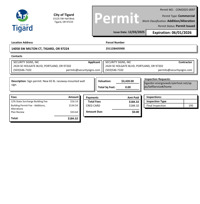 Permit city fee payment link for Adam Craig