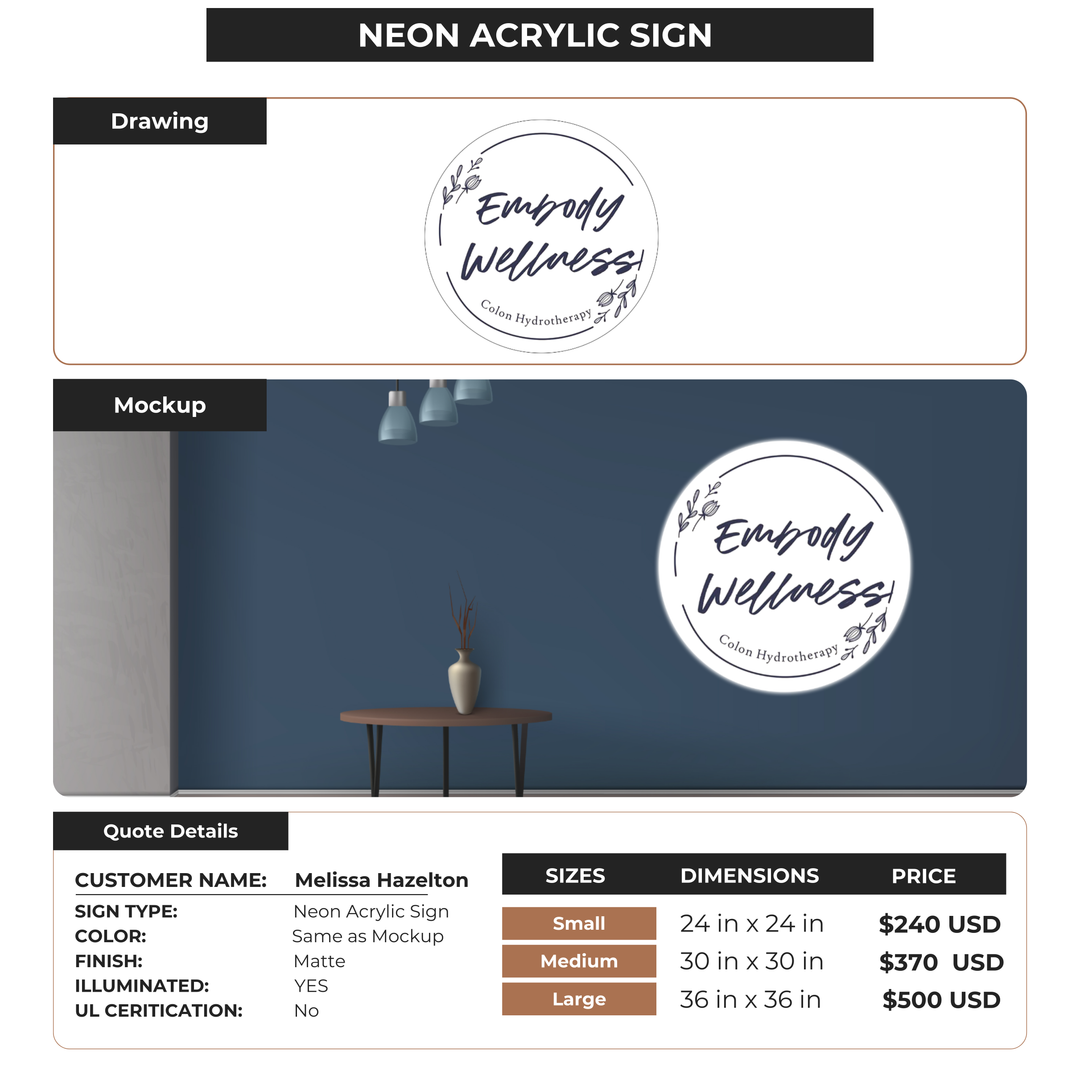 Neon Acrylic sign for Melissa Hazelton