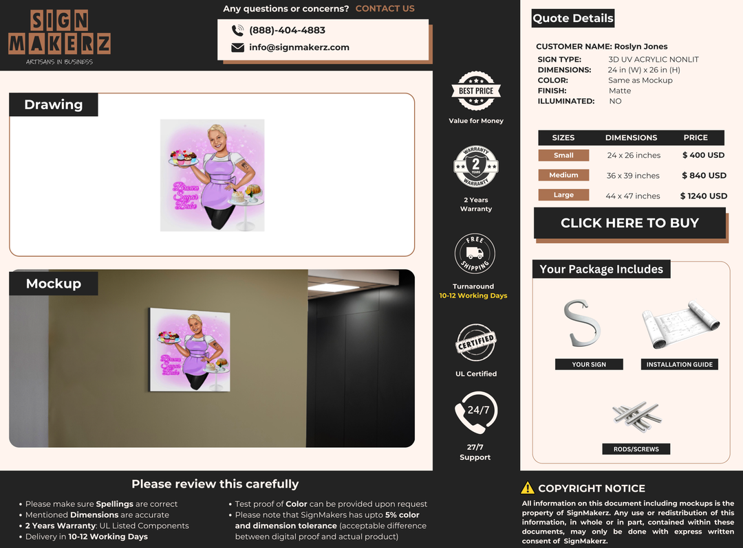 3D UV Acrylic Non-Lit Sign for Roslyn Jones