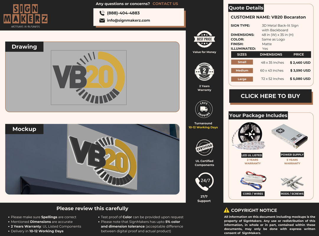 3d metal backlit with backboard for VB20 Bocaraton