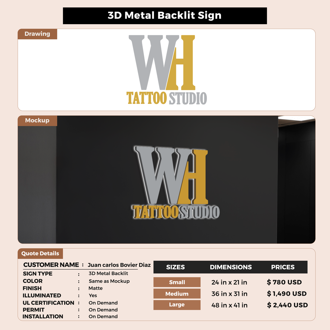 3D Metal Backlit Sign forJuan carlos Bovier Diaz