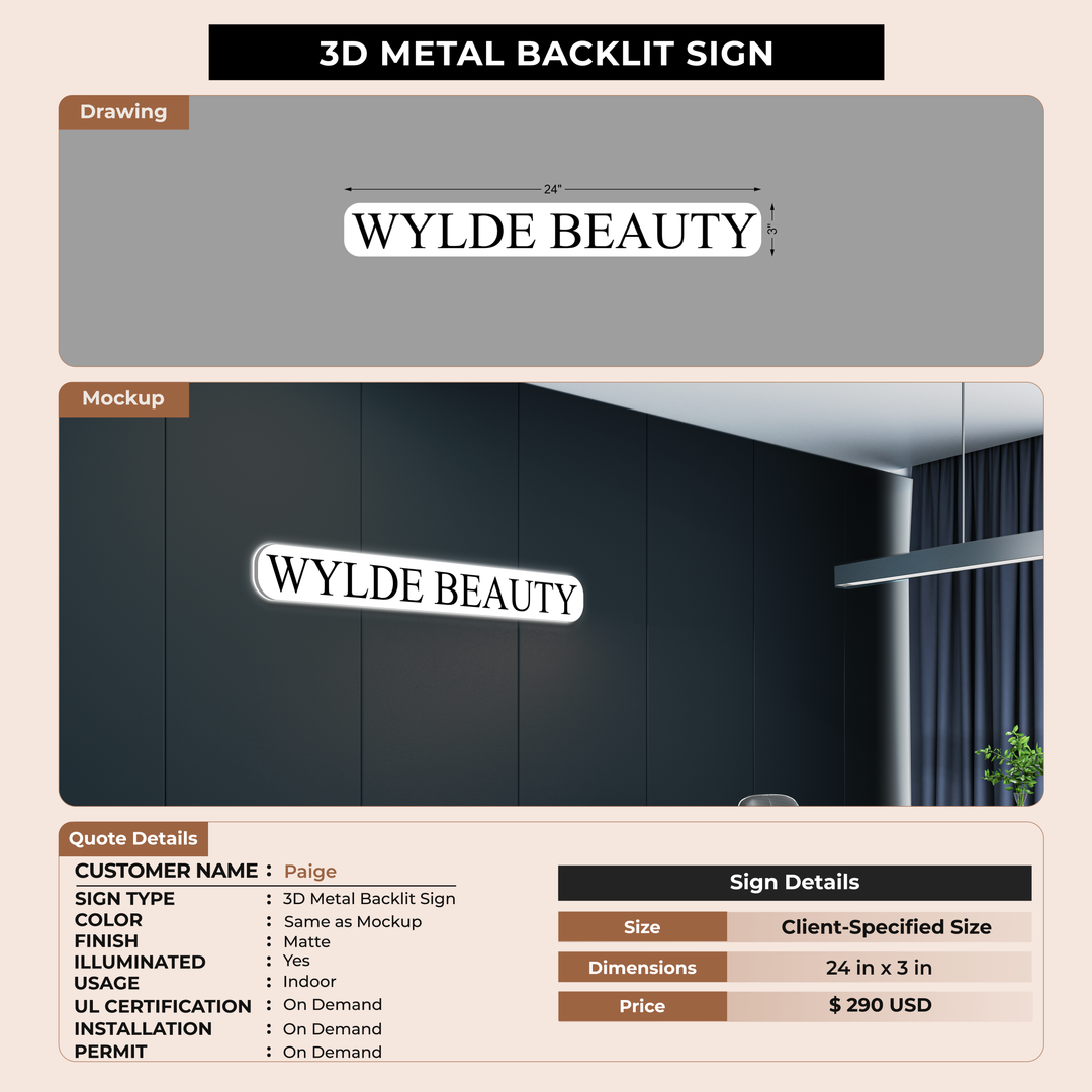 3D metal Backlit Signs For Paige