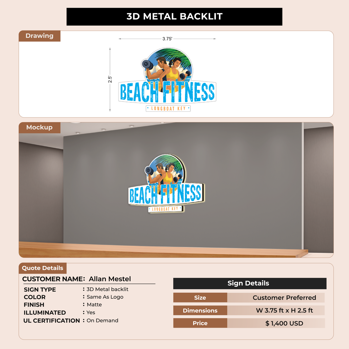 Metal Backlit Sign for Allan Mestel