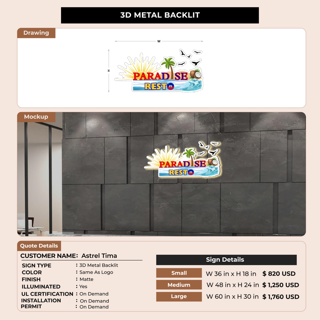 3D Metal Back-lit Sign For Astrel Tima