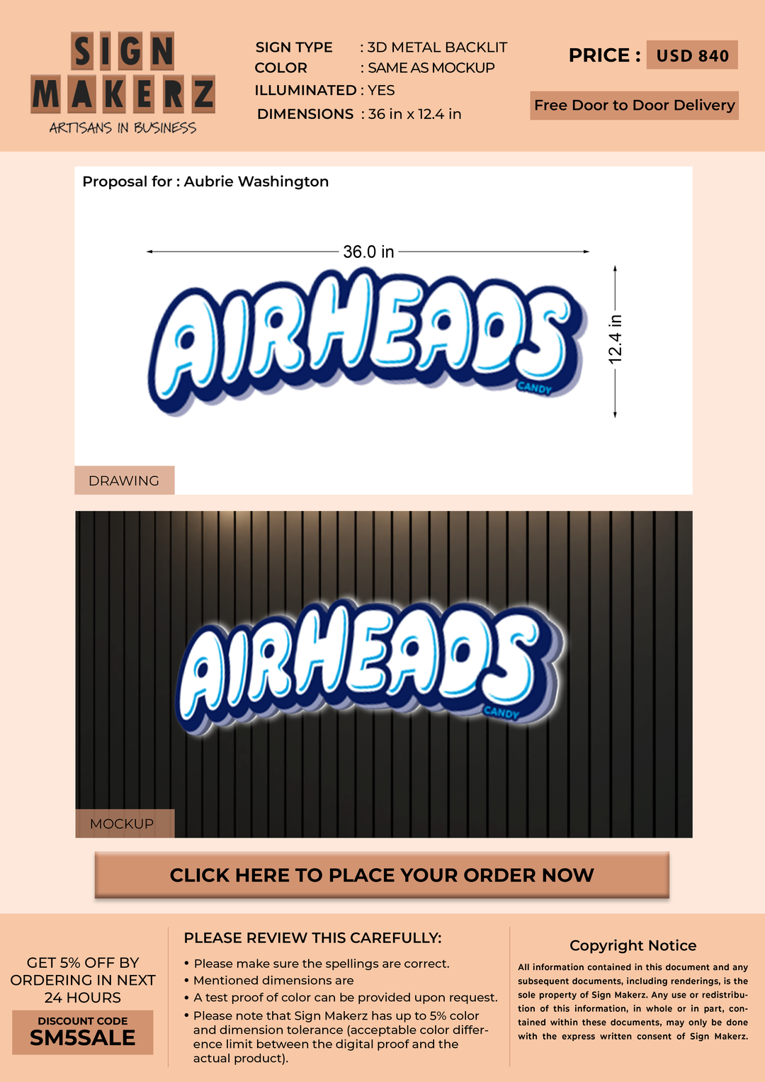 3d Metal Backlit Sign for Aubrie Washington