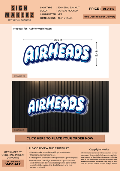 3d Metal Backlit Sign for Aubrie Washington