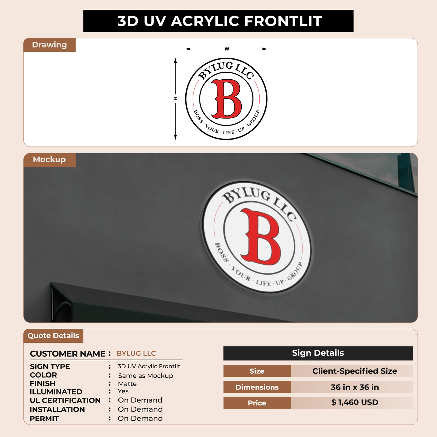 3d acrylic frontlit for BYLUG LLC