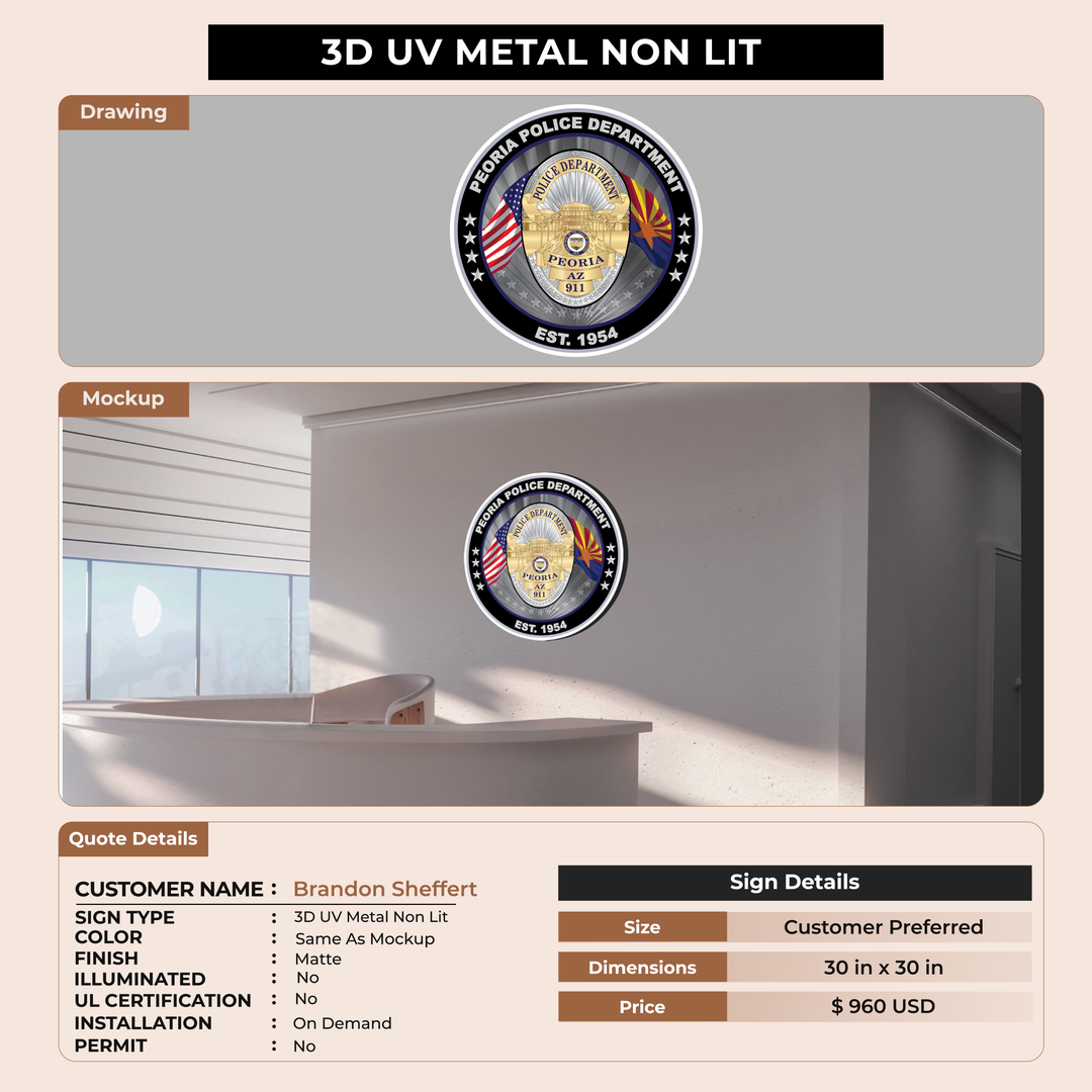 3D UV Metal Non Lit Sign for Brandon Sheffert