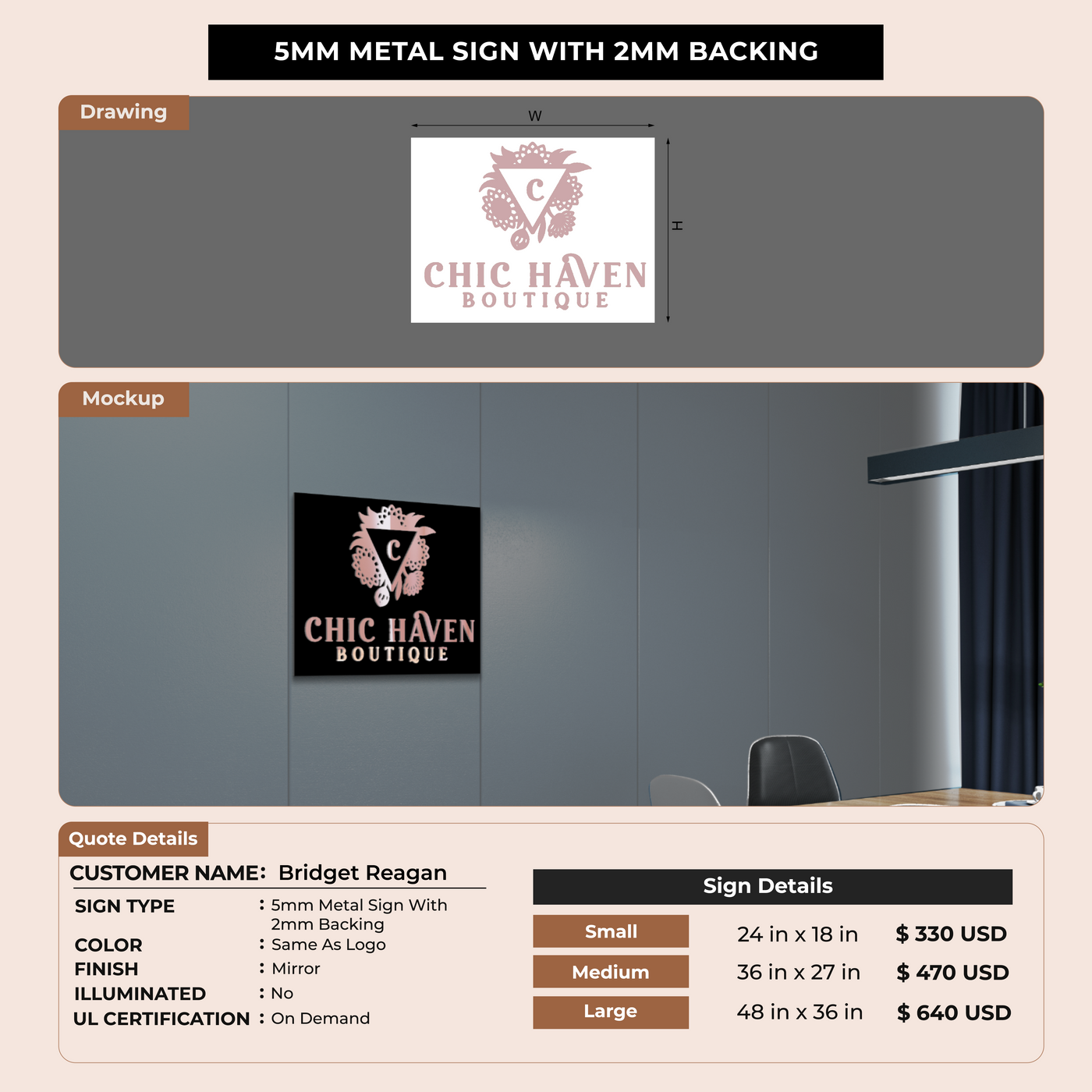 5mm metal Sign With 2mm Backing For Bridget Reagan