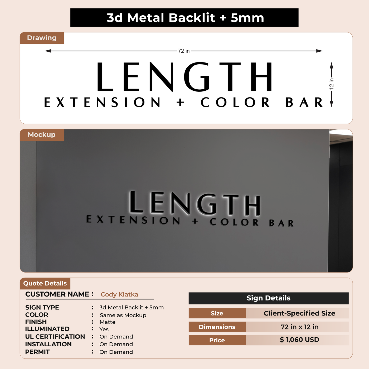 3D Metal Back-lit Sign With 5MM For Cody Klatka