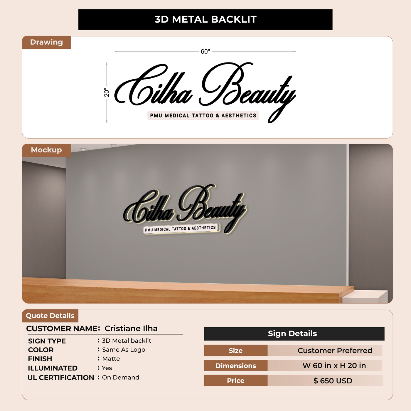 Metal Backlit Sign for Cristiane Ilha