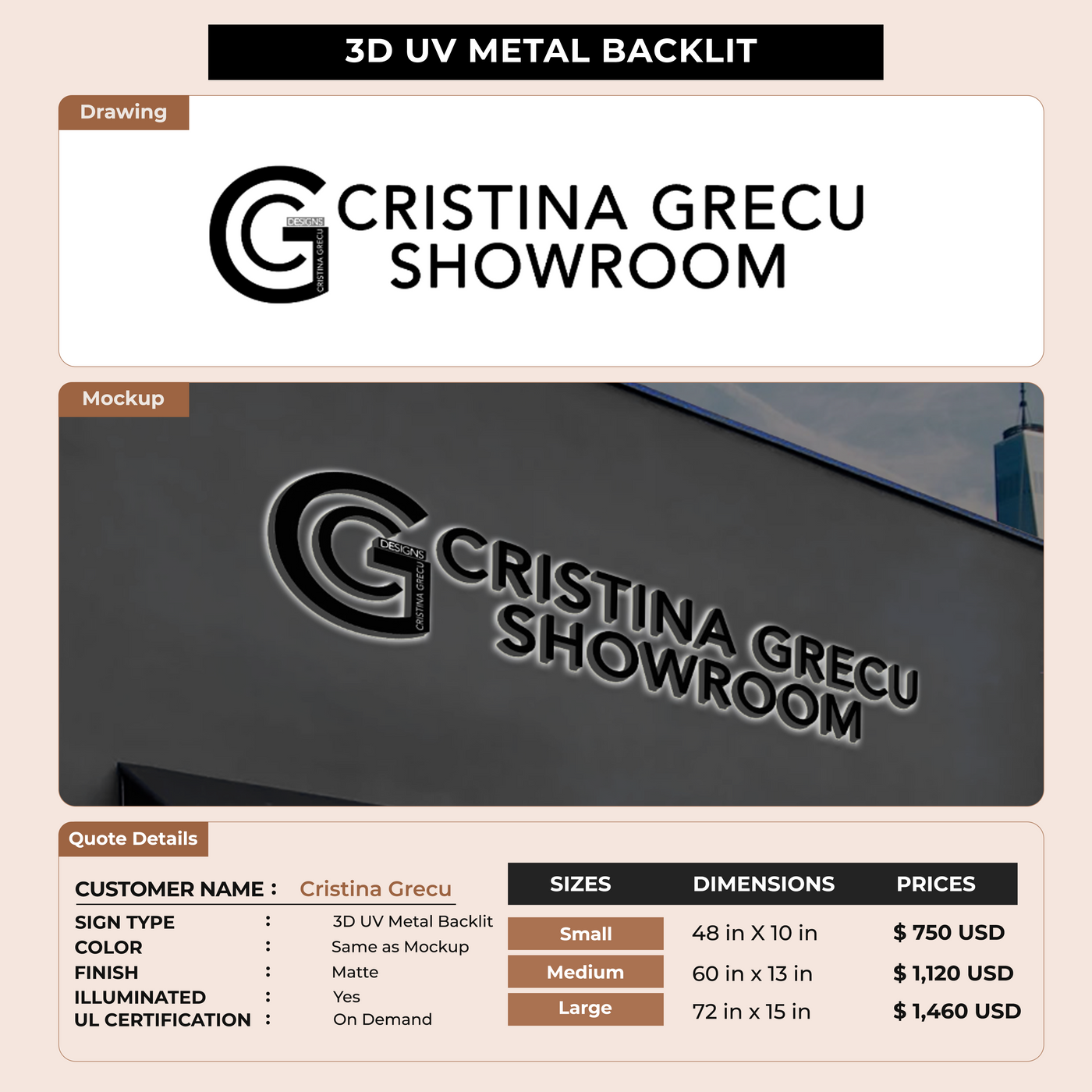 3D UV Metal Backlit Sign for Cristina Grecu