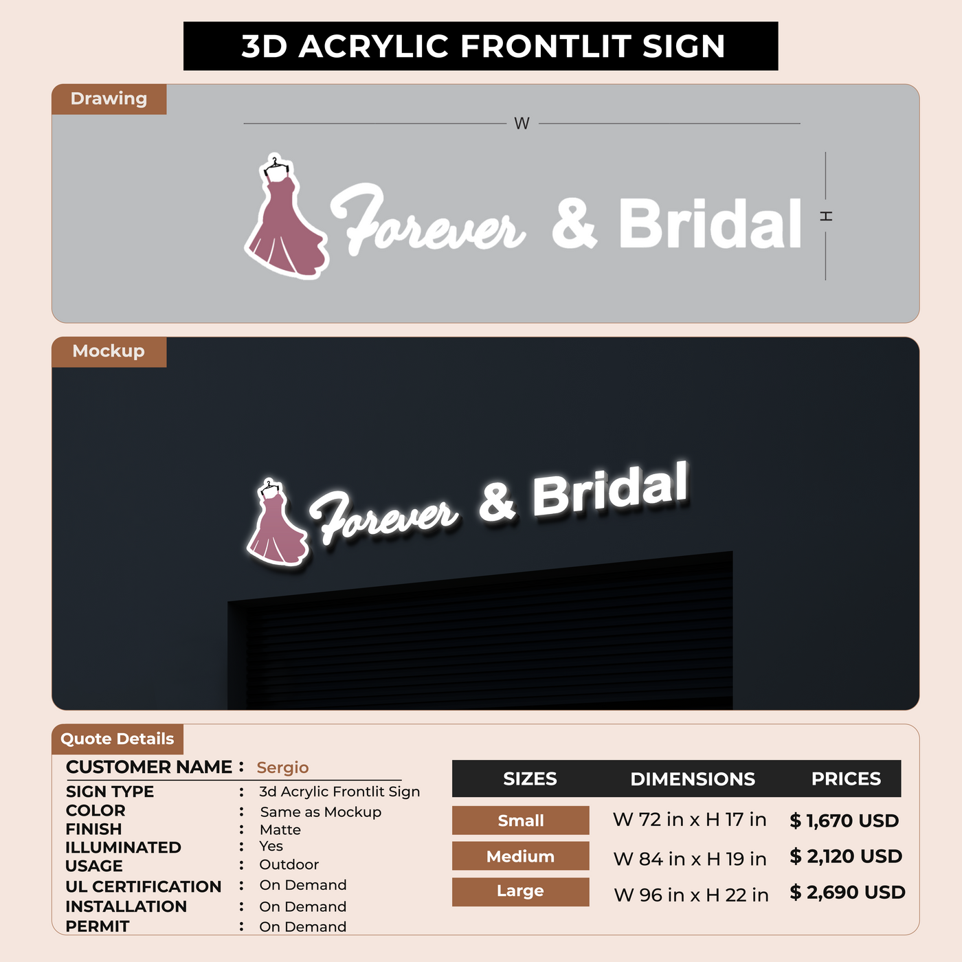 3D Acrylic Front-lit Sign for Sergio