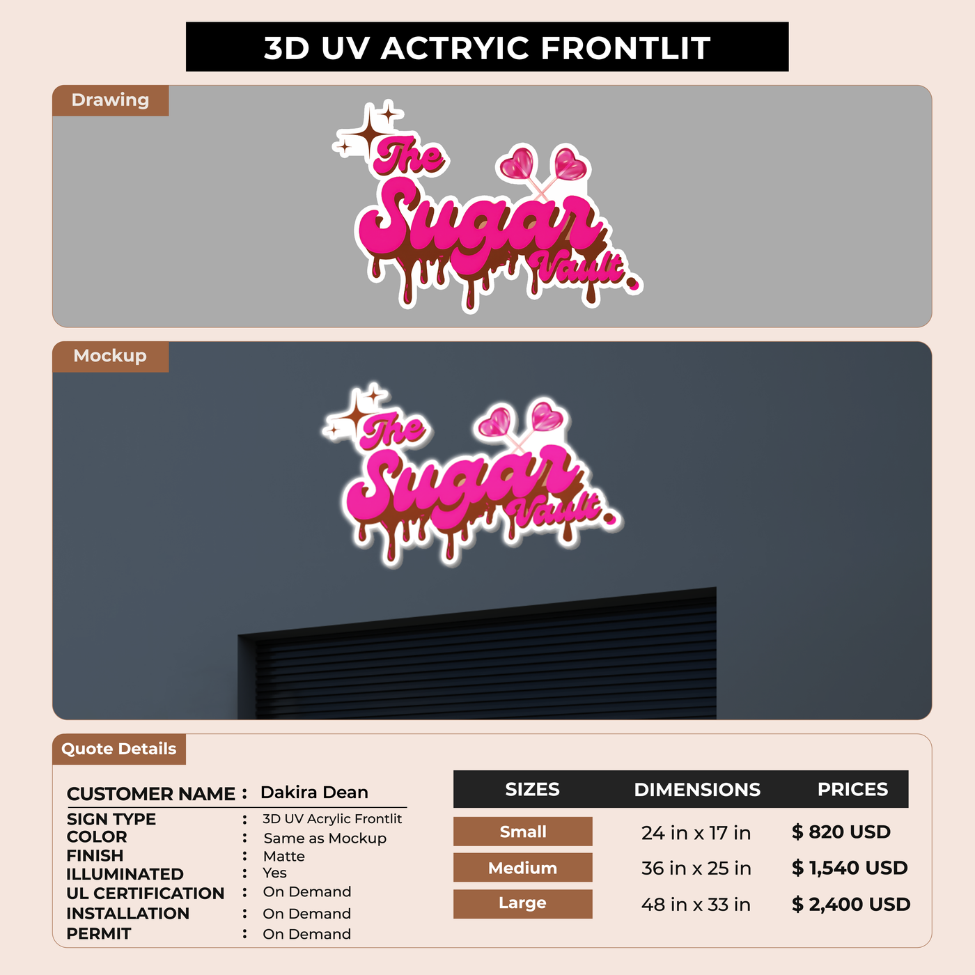 3D UV Acrylic Frontlit Sign for Dakira Dean