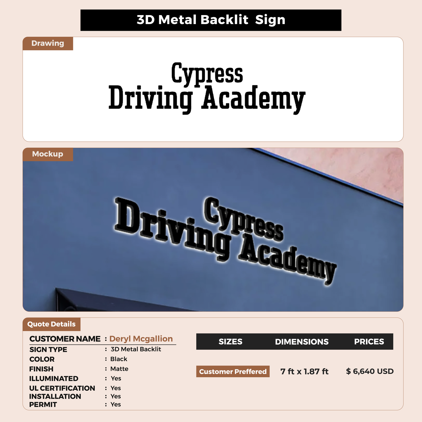 3D Metal Back-lit Sign For Deryl Mcgallion