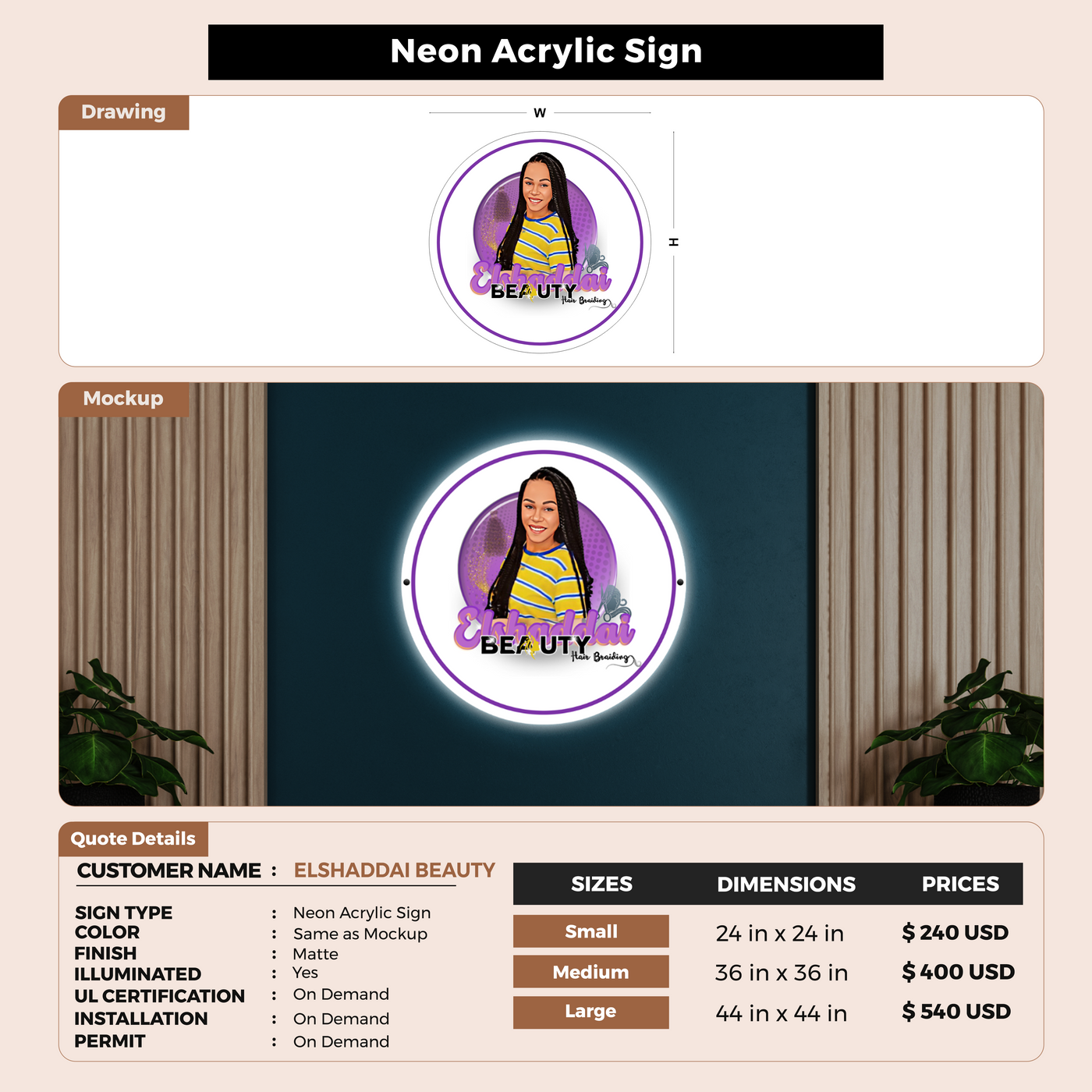 Neon Acrylic Sign for ELSHADDAI BEAUTY Hair Braiding