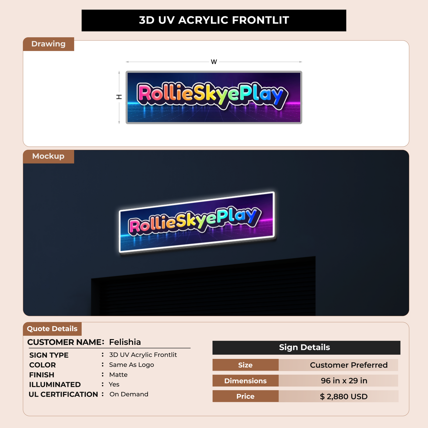 3D UV Acrylic Frontlit Sign for Felishia
