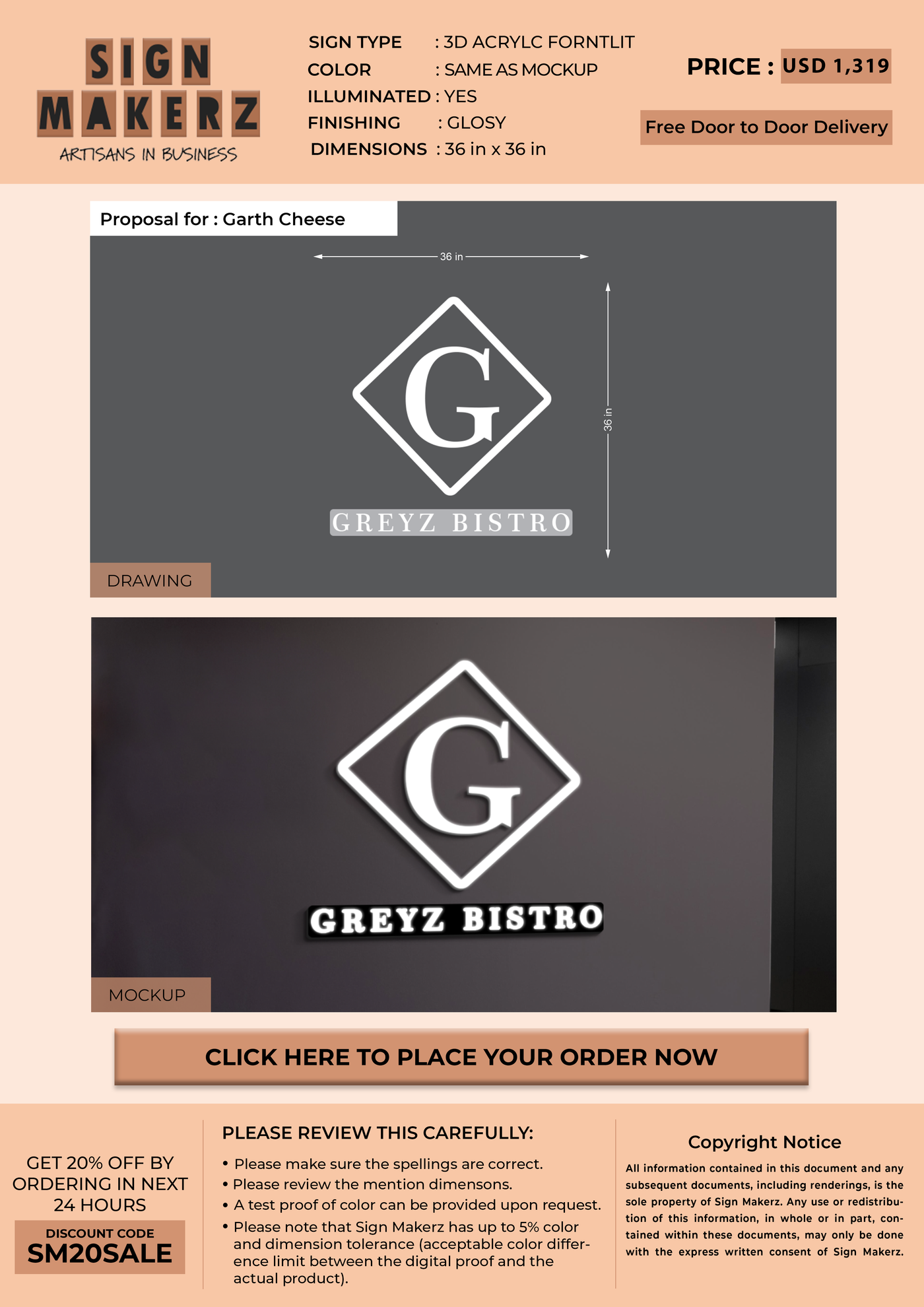 3D Acrylic Frontlit Sign for Garth Cheese