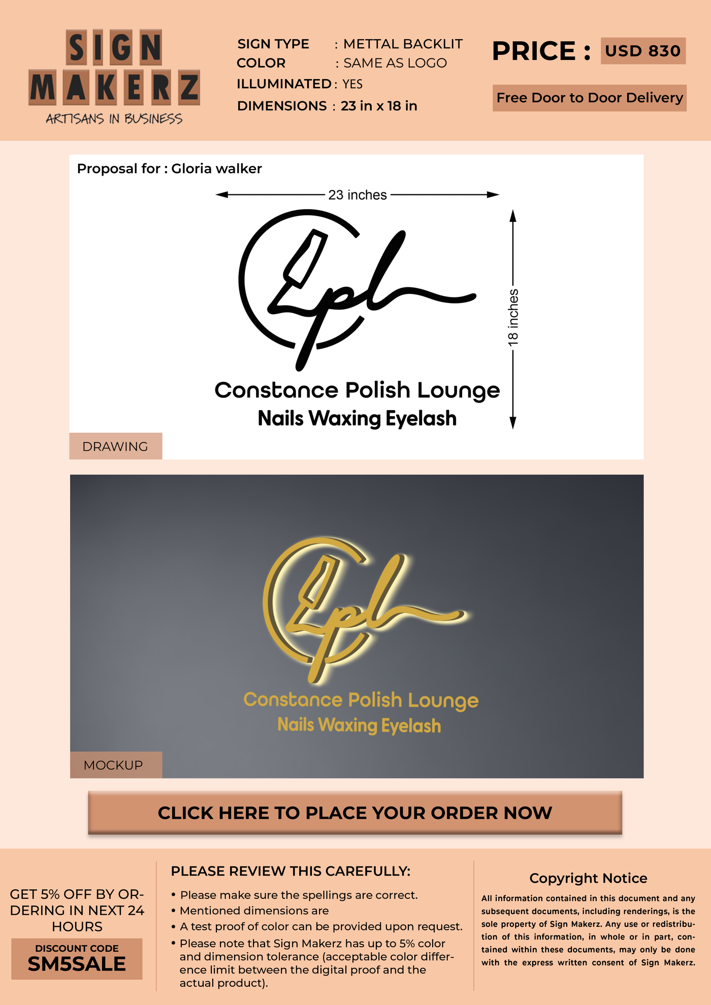 3D Metal Backlit Sign for Gloria walker