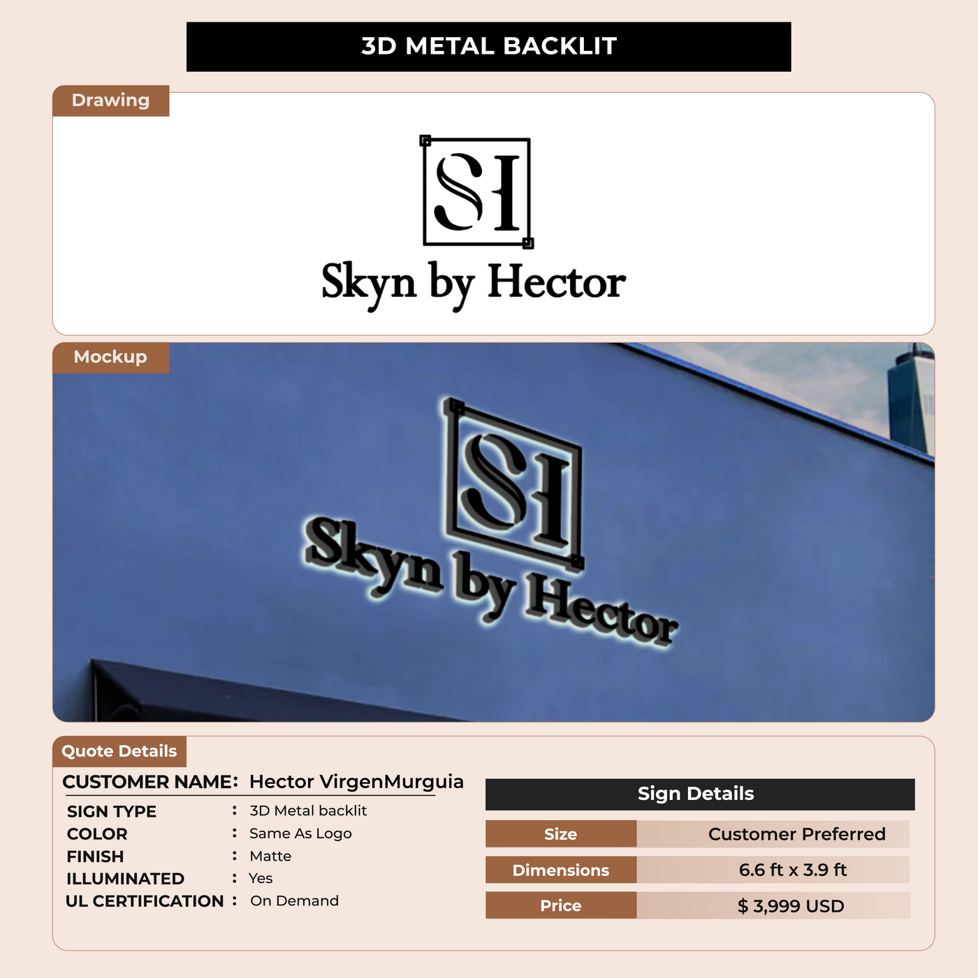 3D Metal Back-lit Sign For Hector VirgenMurguia