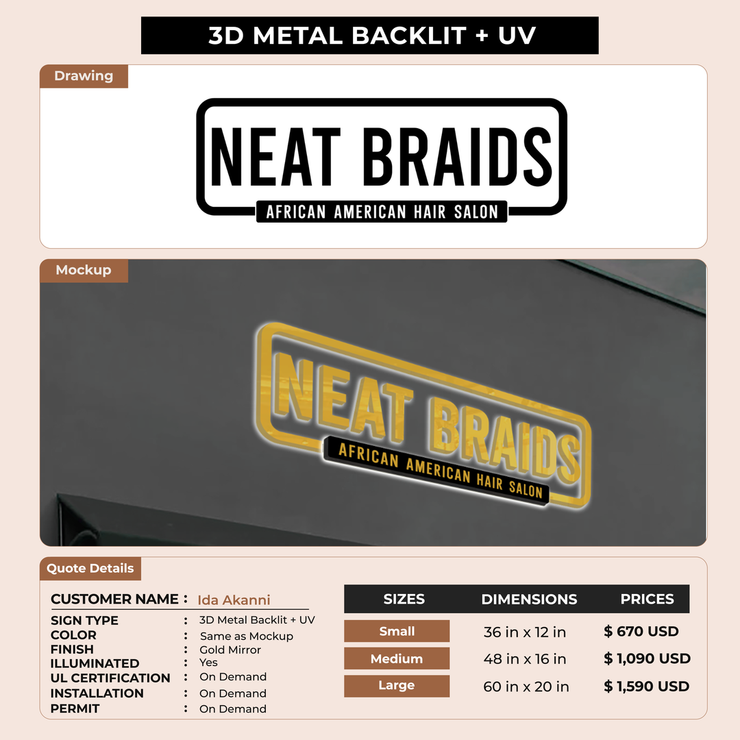 3D UV Metal Back-lit Sign For Ida Akanni