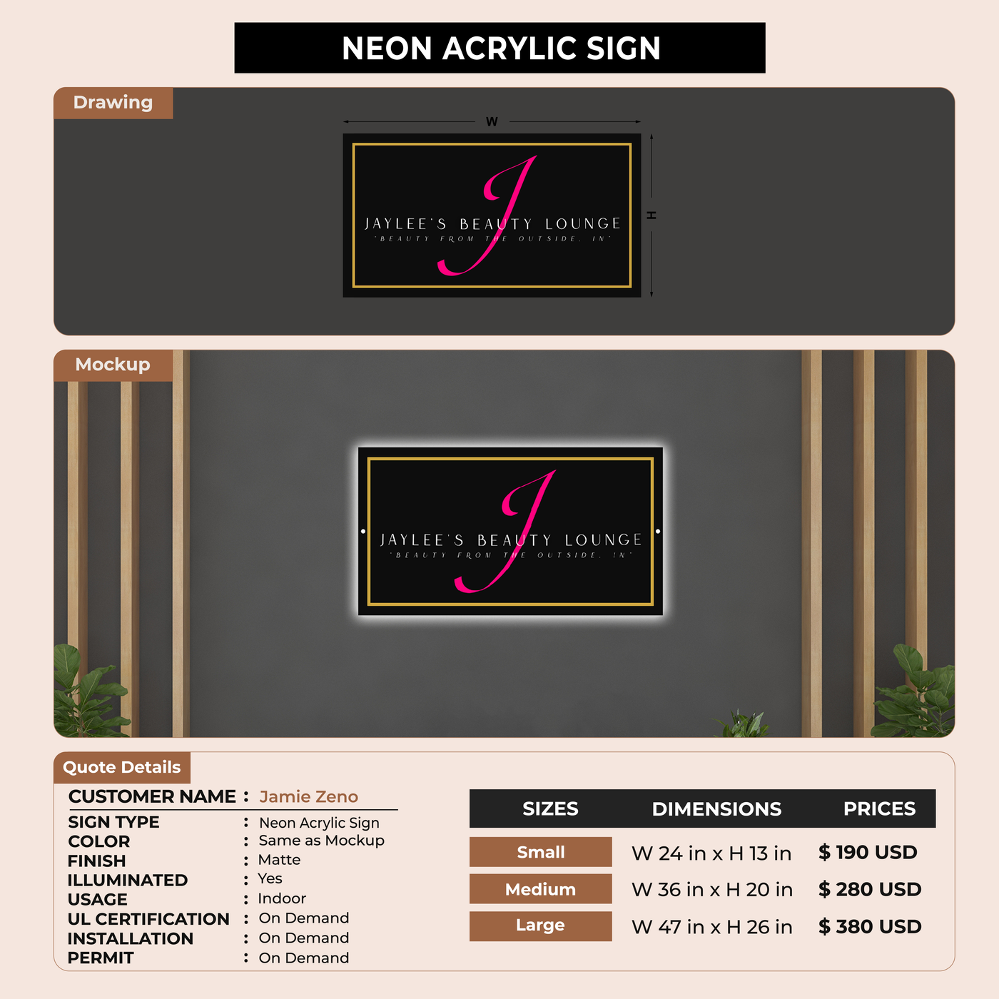 Neon Acrylic Sign For Jamie Zeno