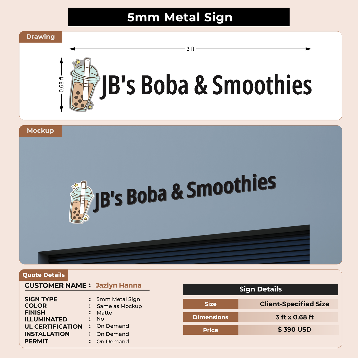 5mm metal sign for Jazlyn Hanna
