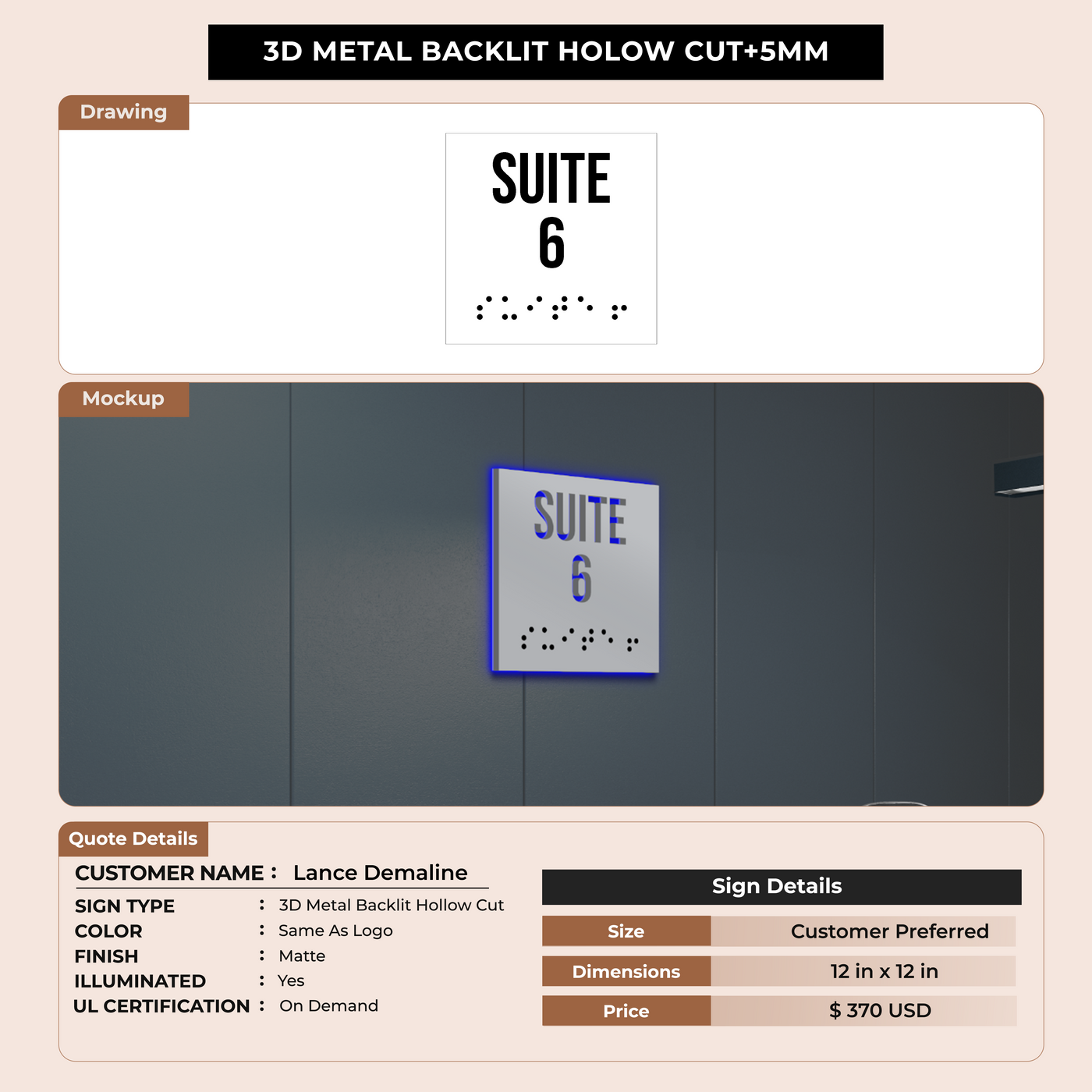 3D Metal Backlit Hollowcut +5MM Sign  for Lance Demaline