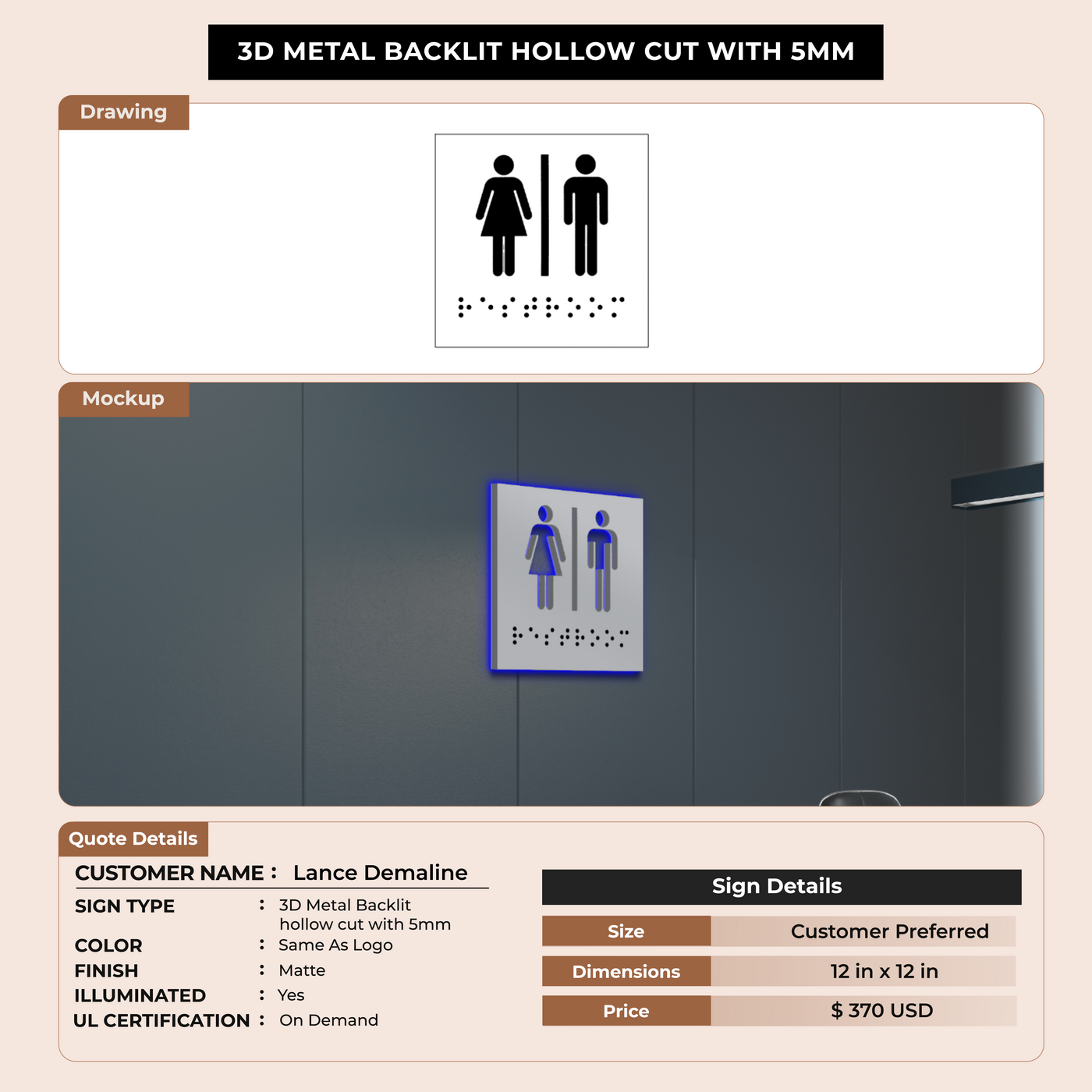 3D Metal Backlit Hollowcut +5MM Sign  for Lance Demaline