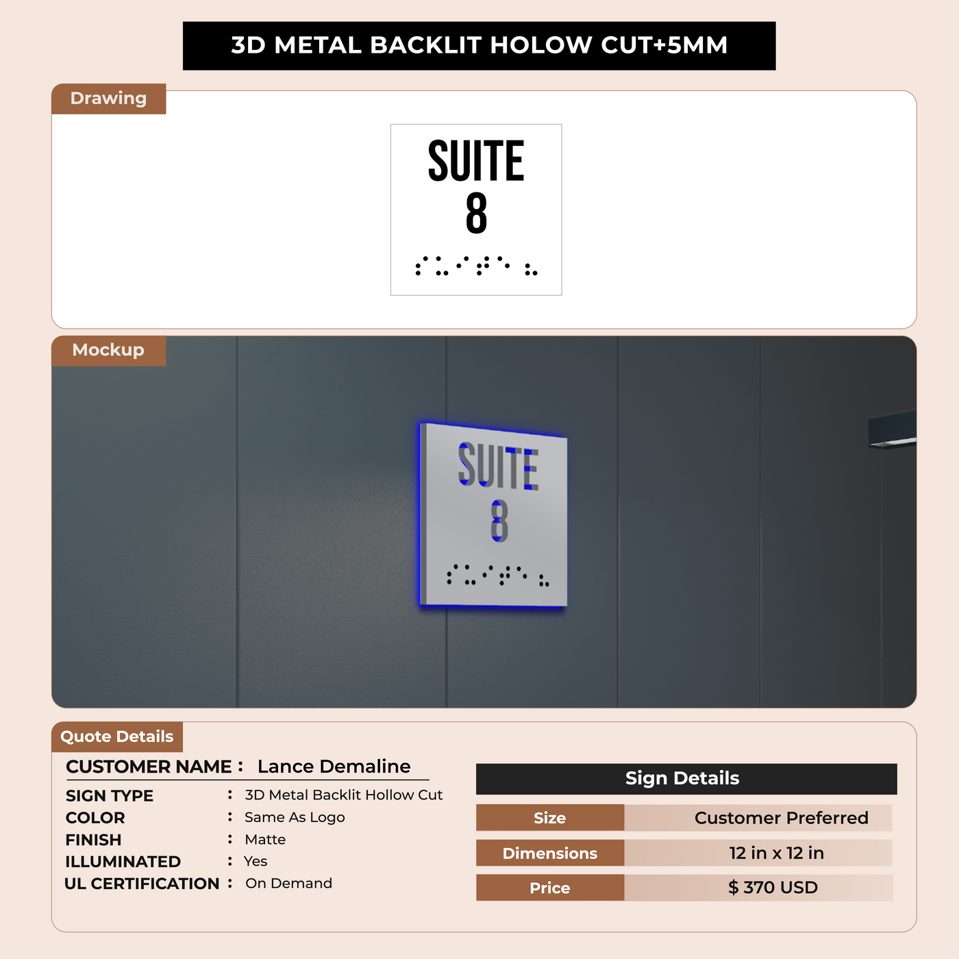 3D Metal Backlit Hollowcut +5MM Sign  for Lance Demaline