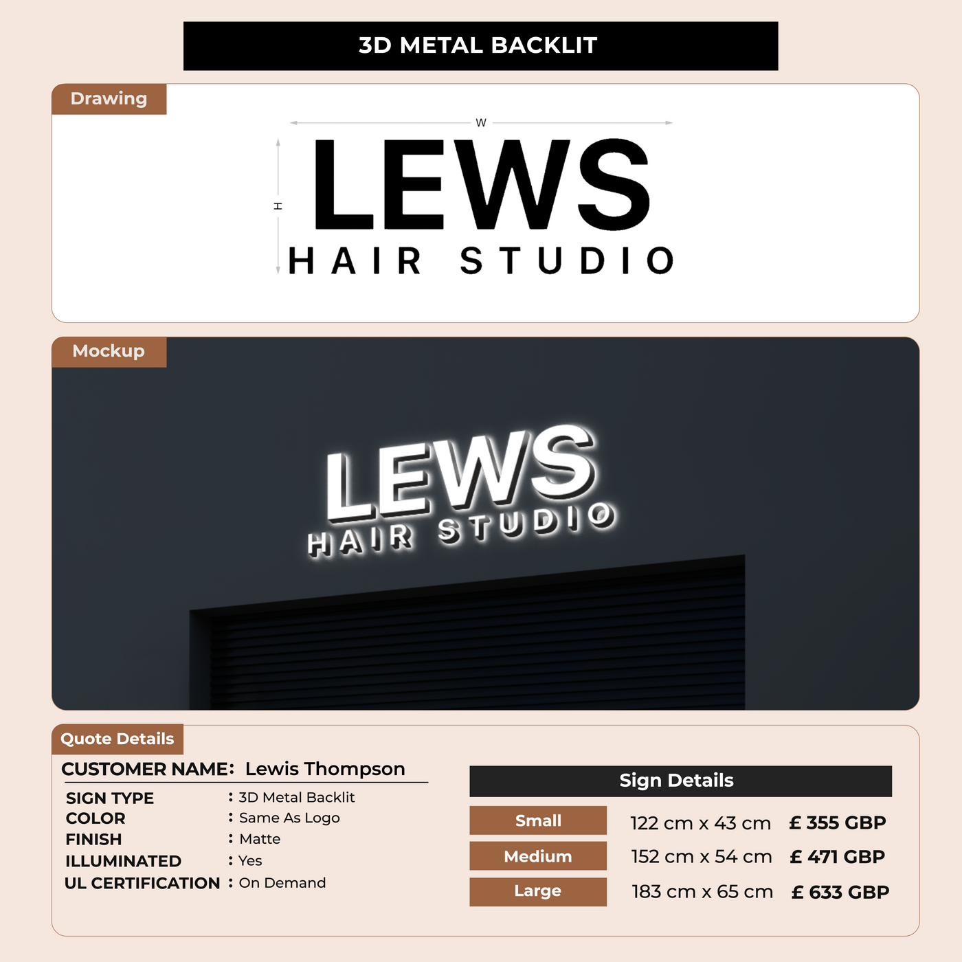 3D Metal Back-lit SIGN fOR Lewis Thompson