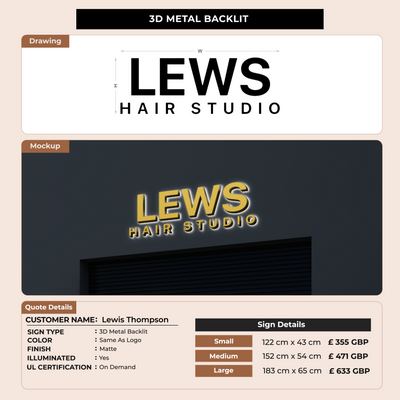 3D Metal Back-lit SIGN fOR Lewis Thompson