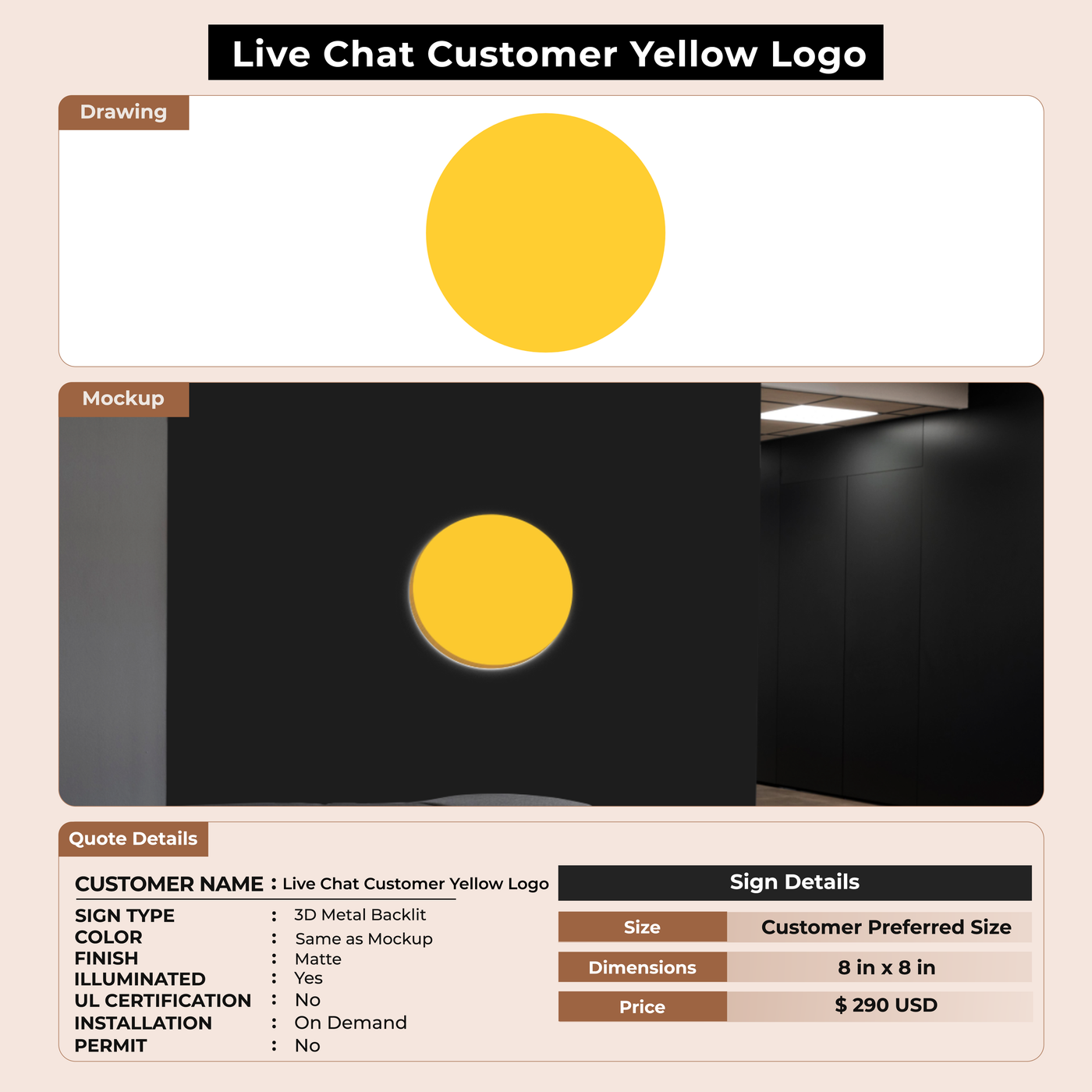 3D Metal Backlit Sign for Live Chat Yellow Logo