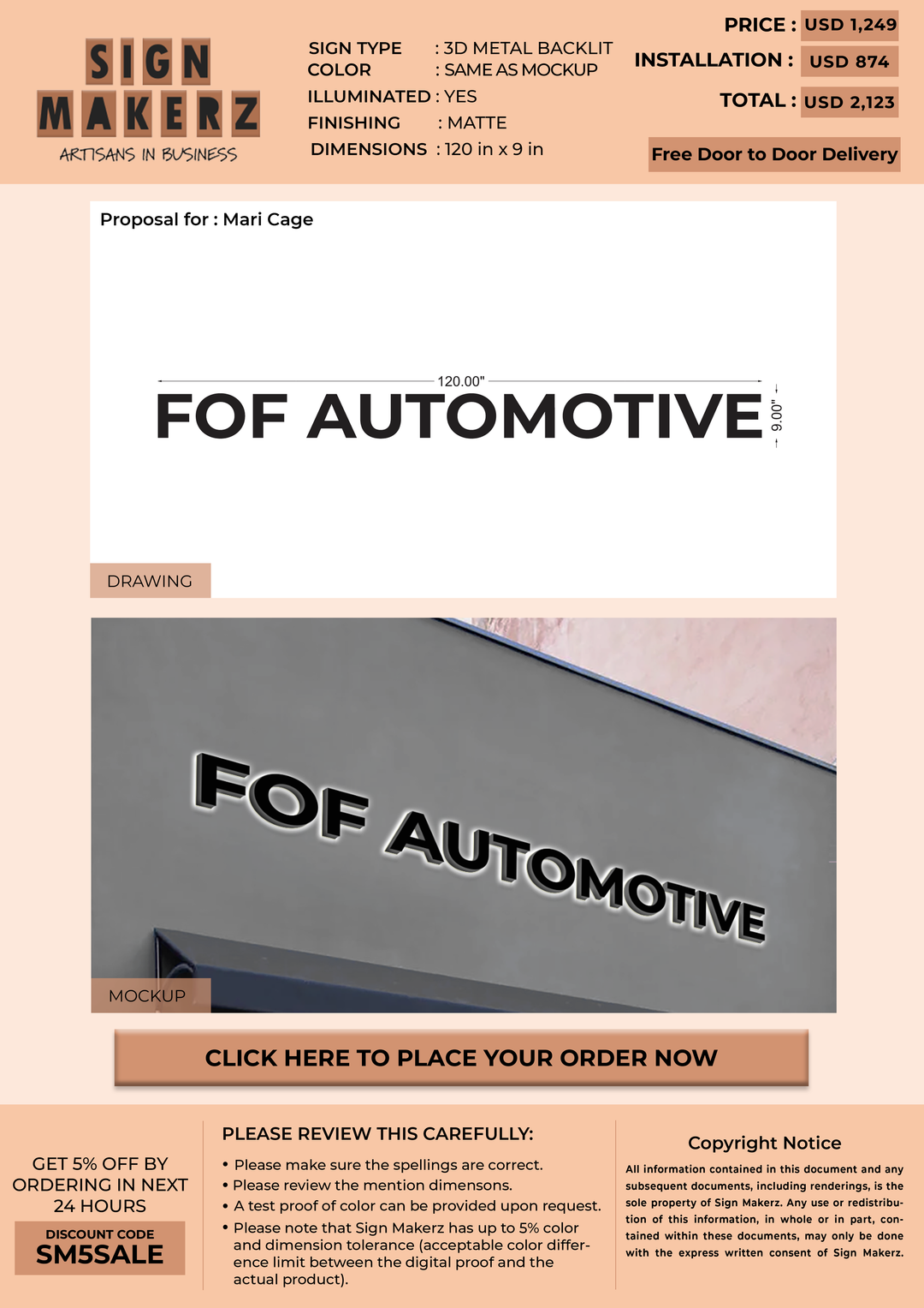 business signage for Mari Cage