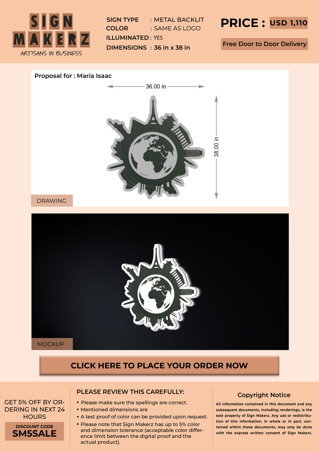 3D Metal Backlit sign for Maria Isaac