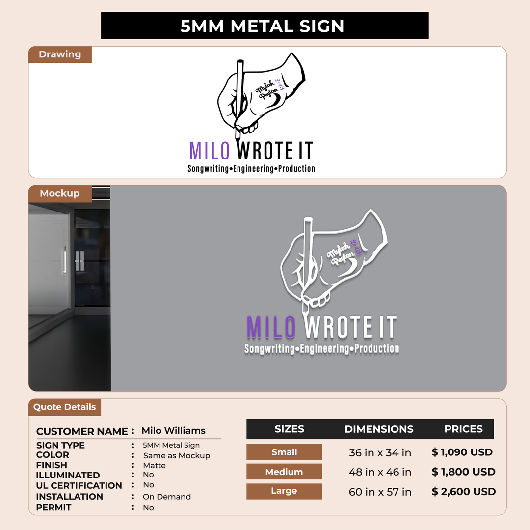 Business signage for Milo Williams