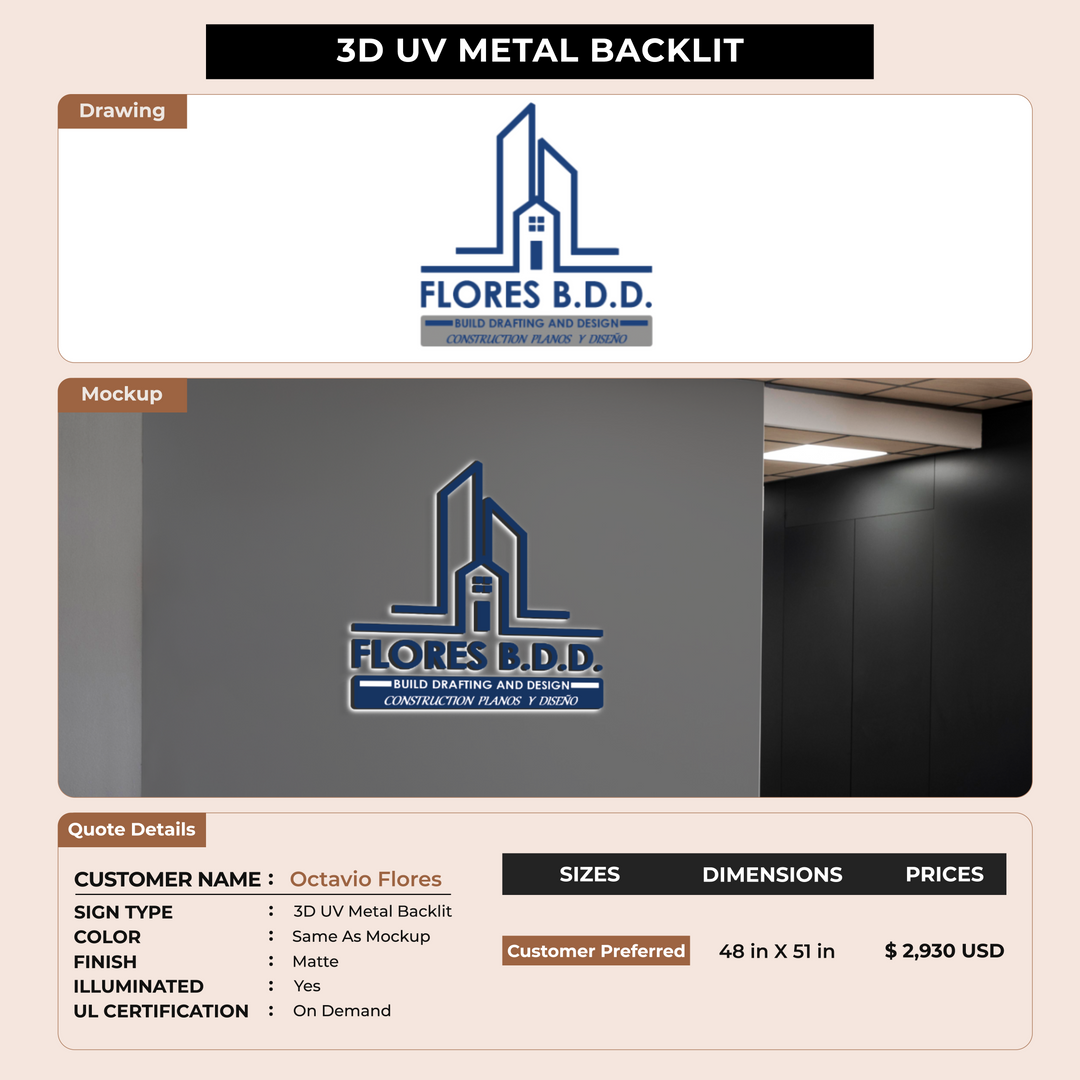 3D UV Metal Backlit Sign for Octavio Flores