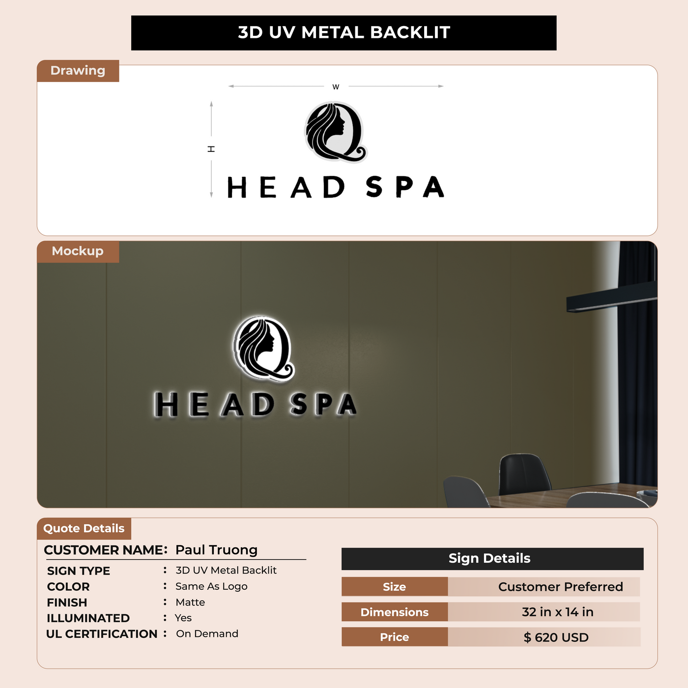 3D UV Metal Back-lit Sign For Paul Truong