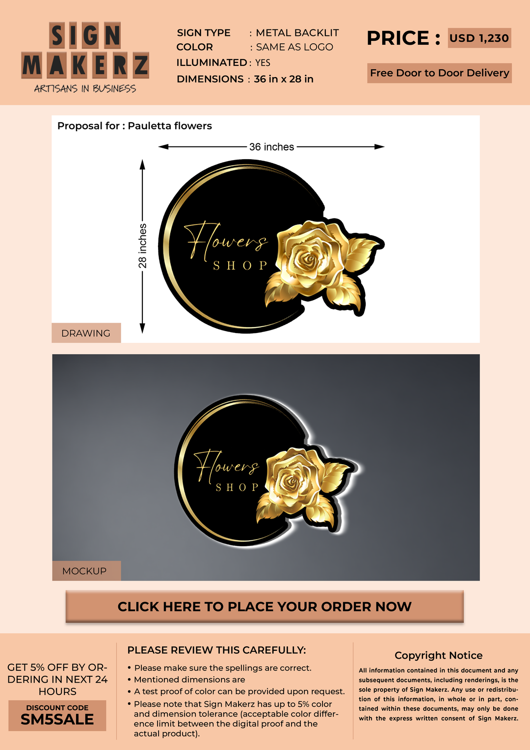 UV Metal Backlit Sign for Pauletta flowers