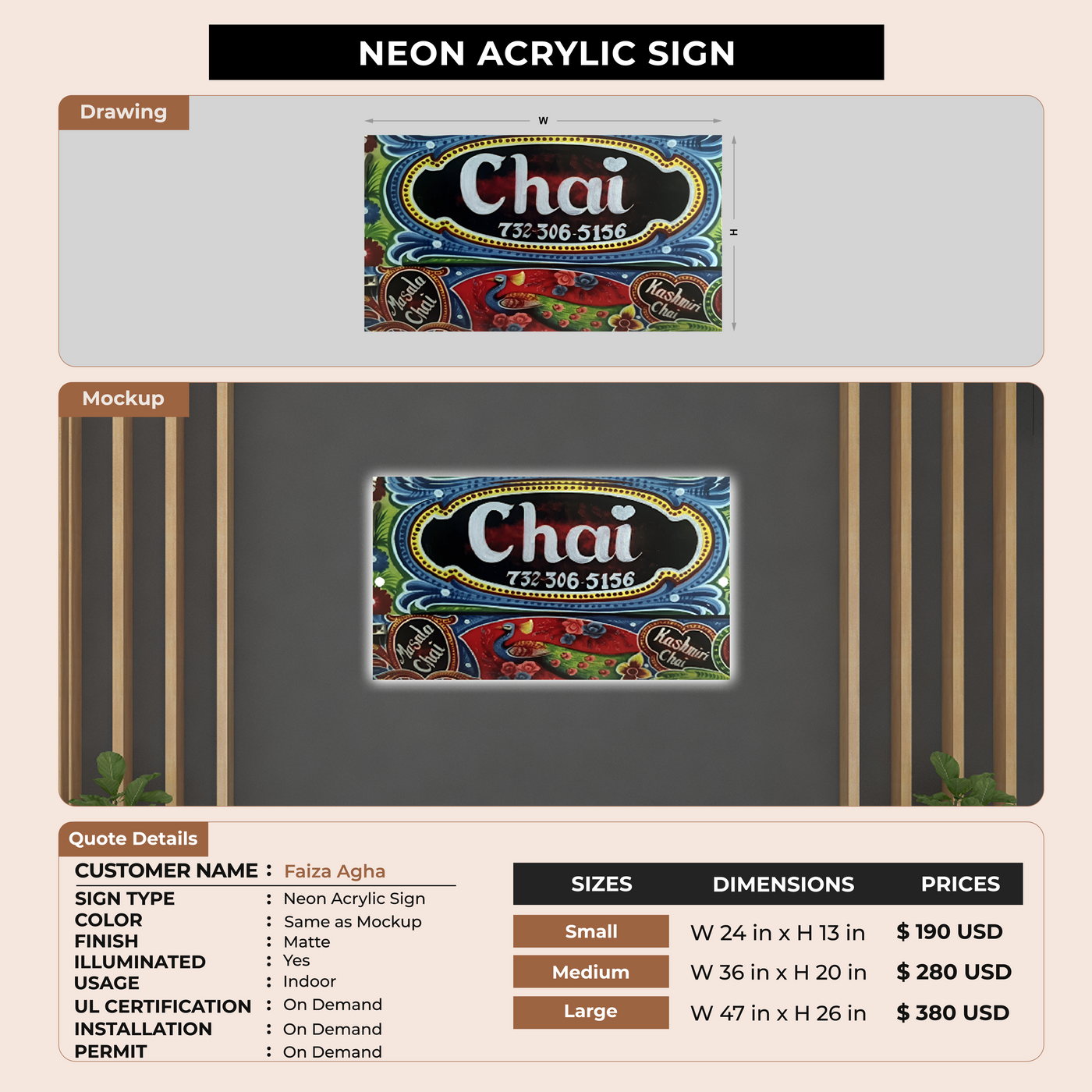 Neon Acrylic Sign For Faiza Agha